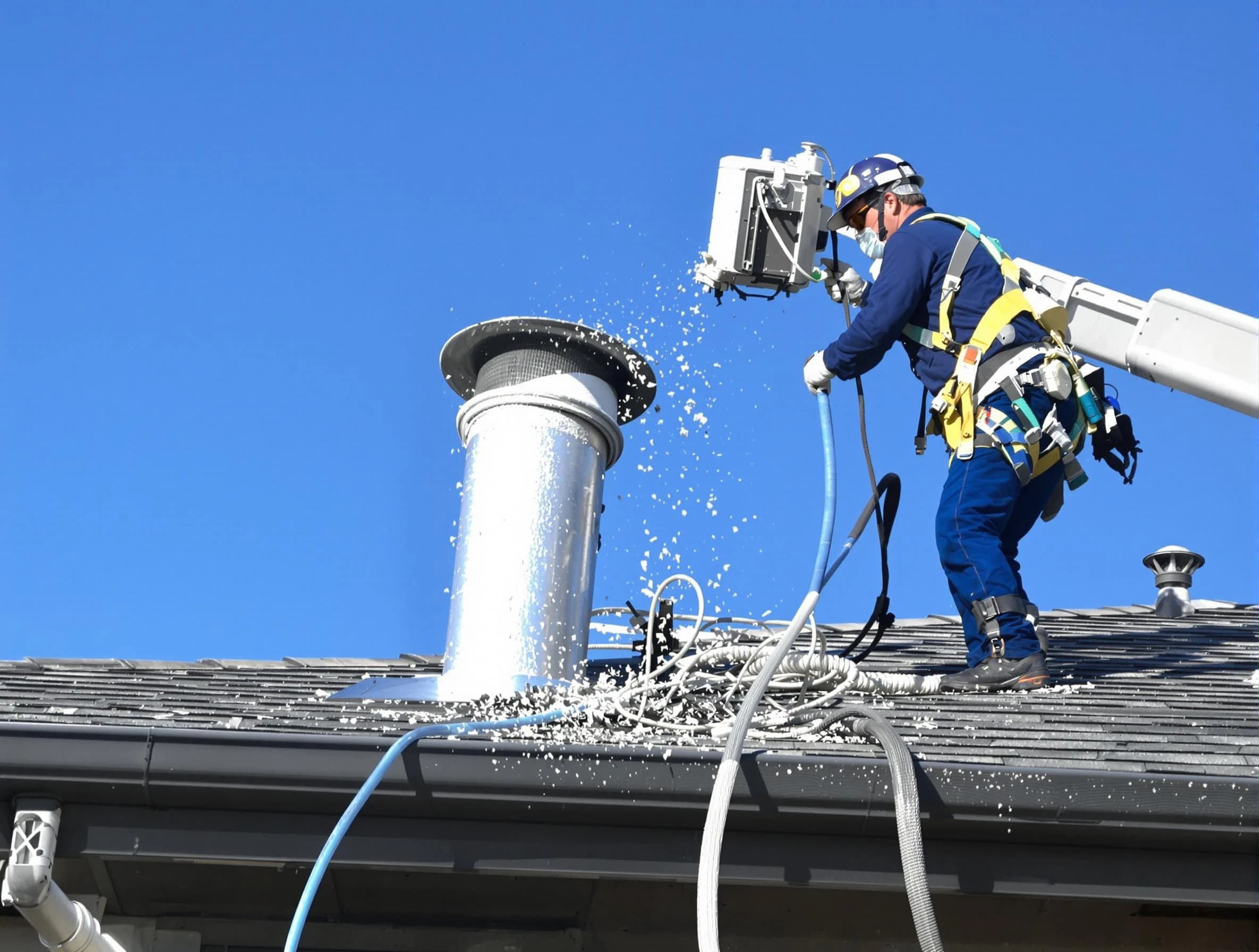 Colonial Beach Dryer Vent Cleaning certified technician safely cleaning a roof-mounted dryer vent in Colonial Beach