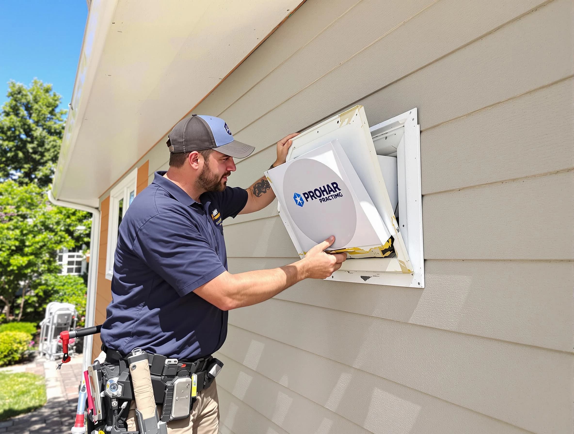 Colonial Beach Dryer Vent Cleaning technician installing a new protective dryer vent cover on a home in Colonial Beach